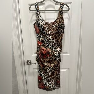 Sangria Leopard Satin Midi Dress with Red Floral Accents